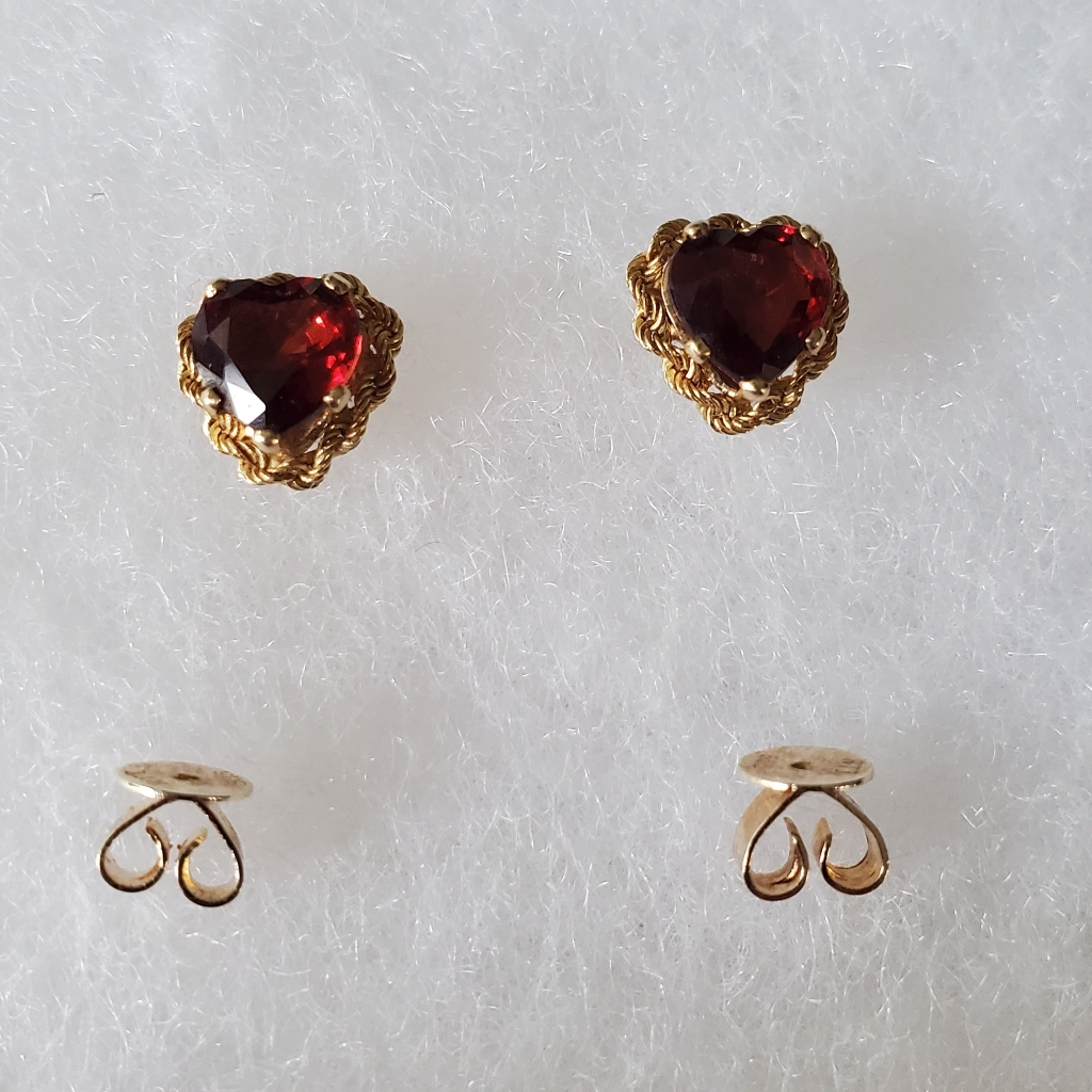 Garnet Earrings ~ Heart Shaped Wrapped In Braided Gold